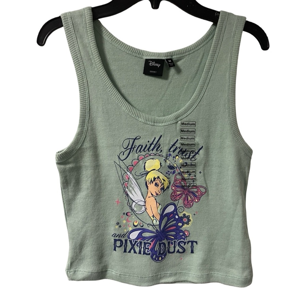 Disney Tinker Bell Faith Trust Pixie Dust Ribbed Crop Tank Top Green Medium NEW